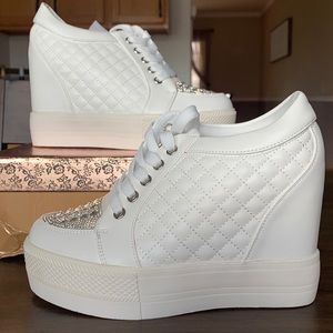 White leather platform jewelled sneakers